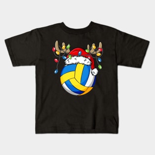 Volleyball With Santa Hat Reindeer Antlers Christmas Lights Kids T-Shirt